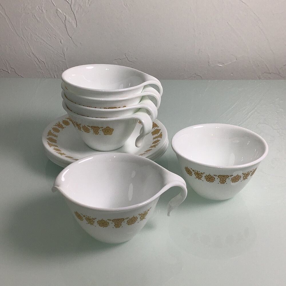 Corelle Butterfly Gold Creamer and Sugar with 4 coffee cups & saucer EUC